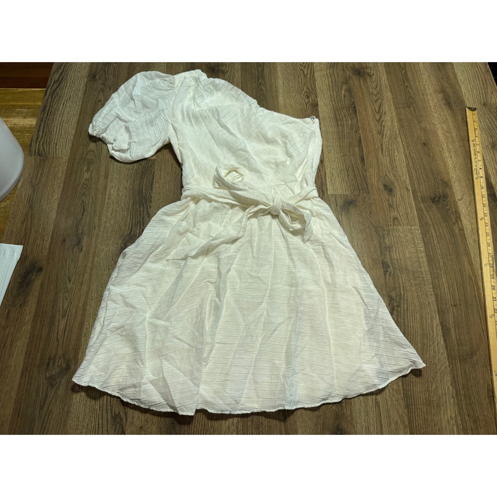Nine West Dress Womens Size S White Mini One Shoulder Puff Sleeve Tie Waist
